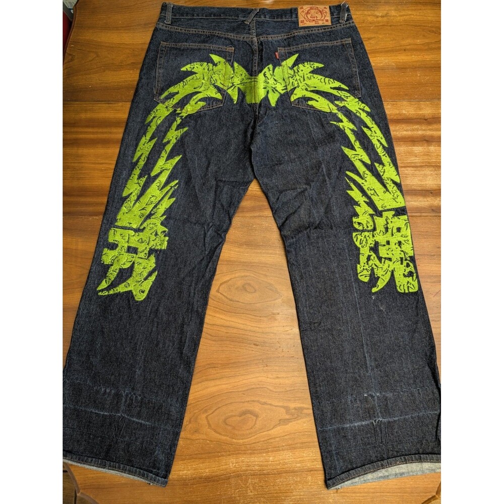 Vintage Evisu Jeans 42 (40x32) Green Graphic Print Dark Denim Streetwear Hip Hop